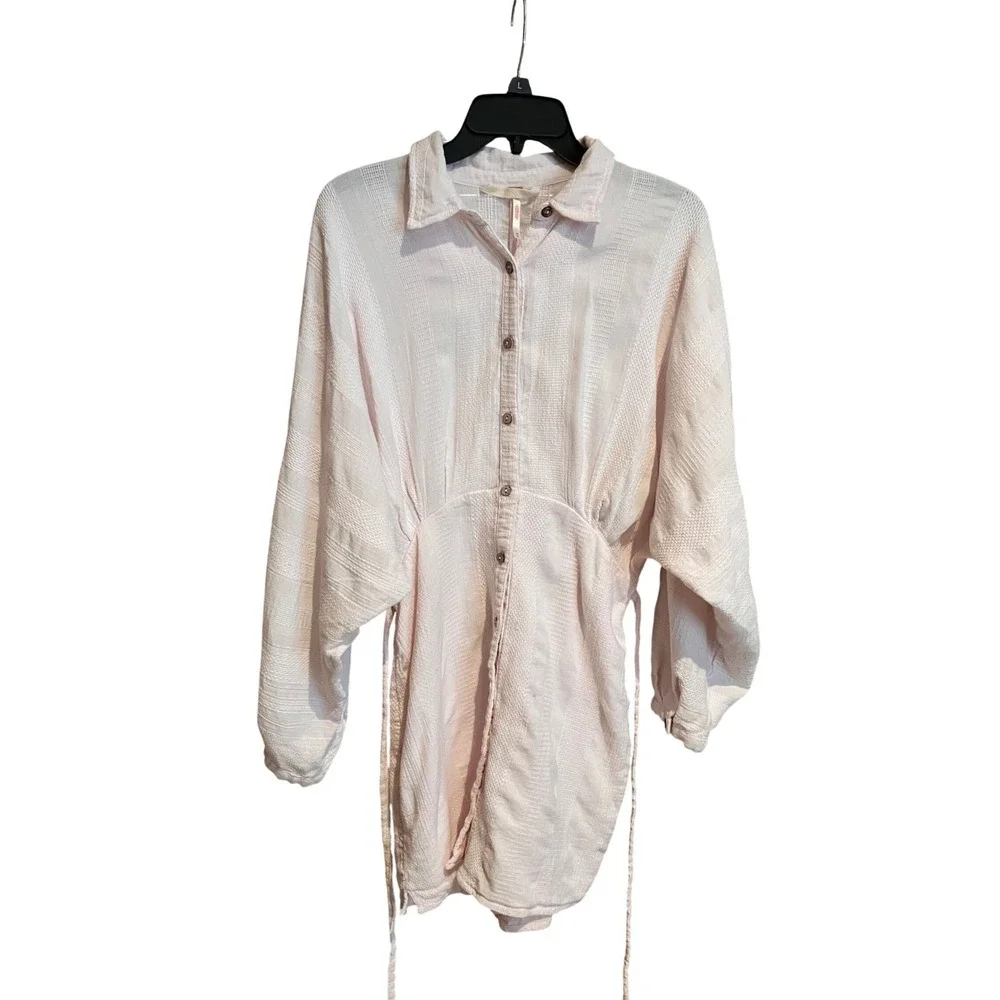 Free‎ People Pink Textured Button Front Mini Dress Side Tie Long Sleeve Medium